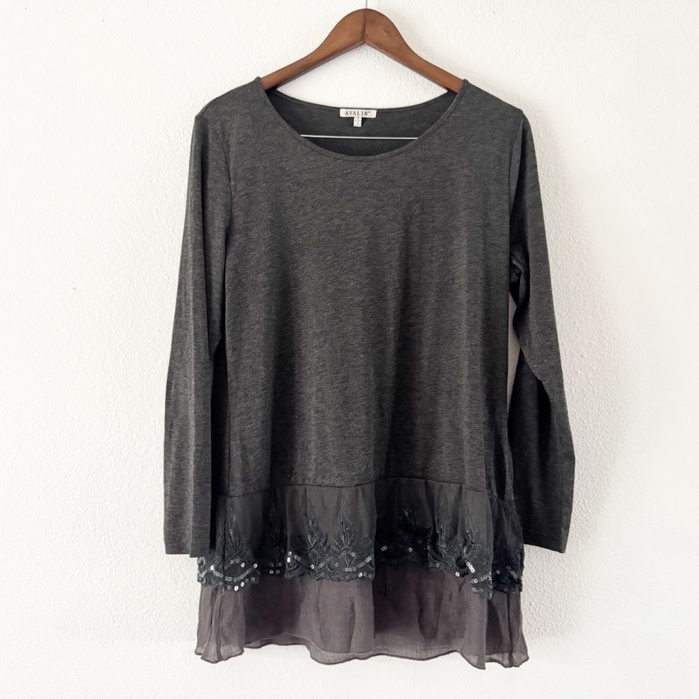 Boho Sequin Embellished Sheer Hem Gray Layered Tunic Blouse Avalin L Romantic - Picture 2 of 14